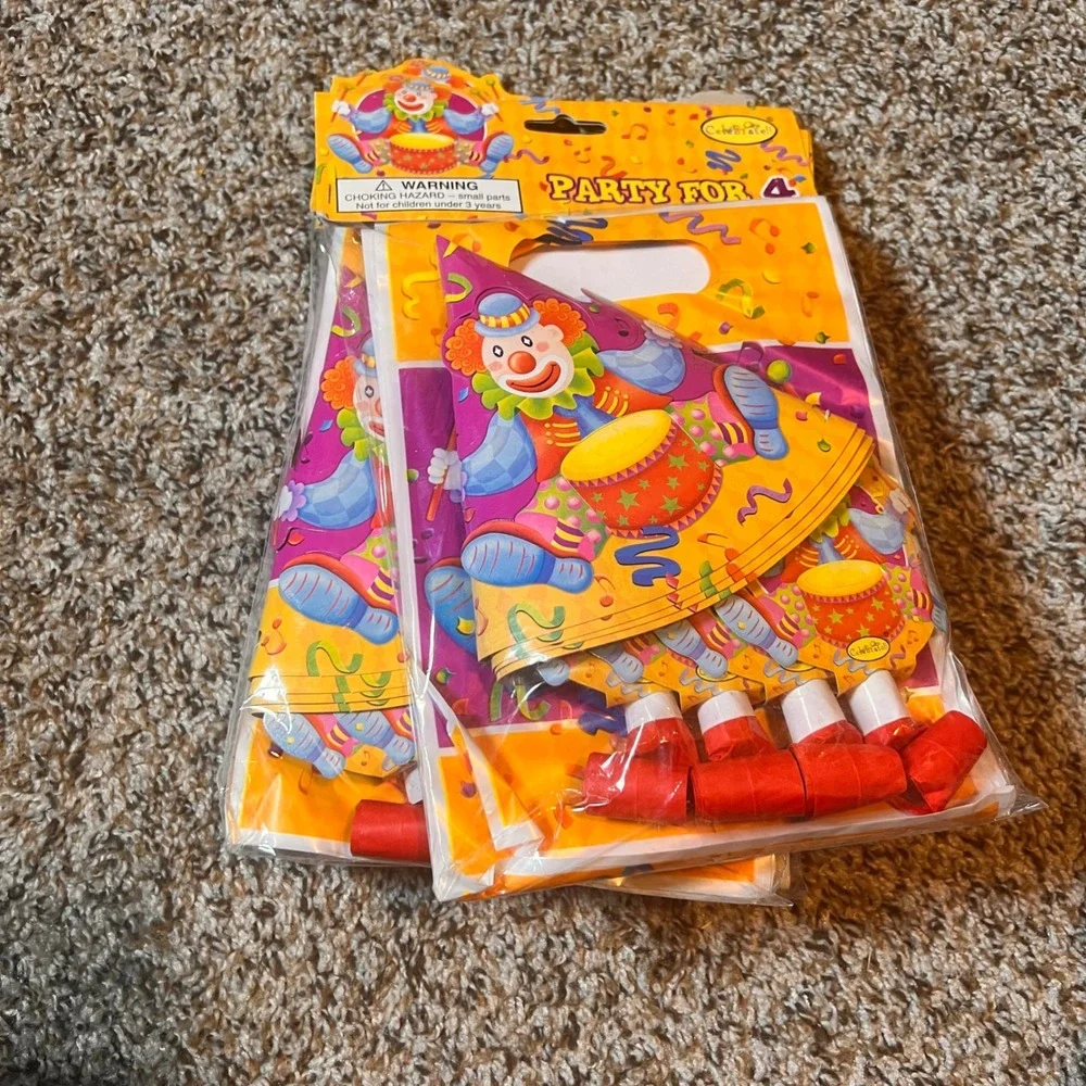 Vintage‎ Celebrate It Clown Party Favors 4 Pack Bags Hats Blowouts Kids Birthday